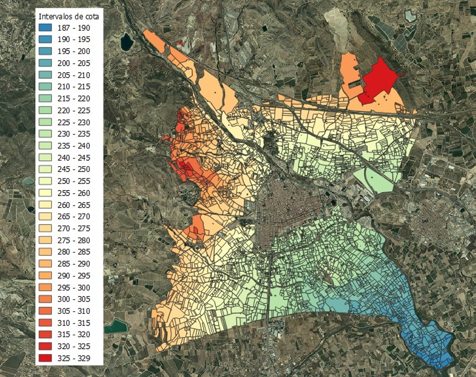 Vista GIS de la distribución de superficie regable por intervalo de cota homogénea